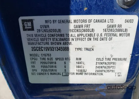 2003 Chevrolet Silverado 1500 Ls from USA, damaged, VIN 2GCEC19V931345988